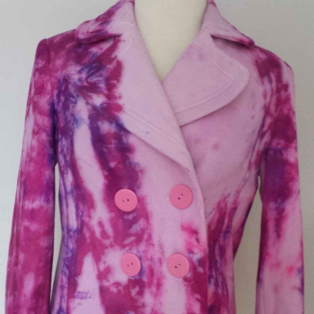 Painted Tie dyed Pink Purple blue white Winter Wool Pea Coat Small Med 4 6 8 10 - Picture 2 of 8